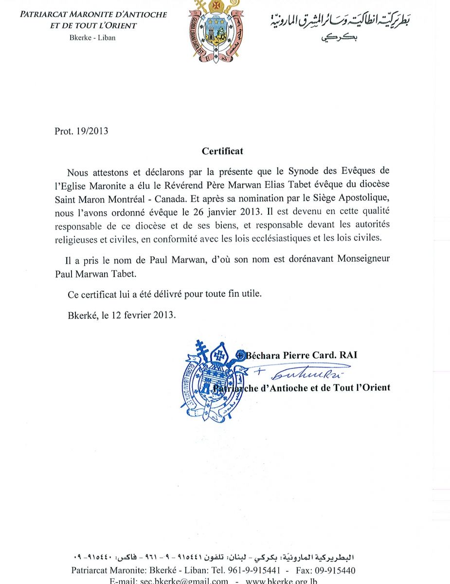 Certificat election - Mgr_ TABET